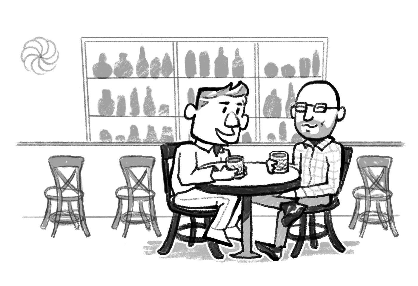 Pencil illustration of Dancho Dimkov and Joe Kapp talking over drinks at a bar in Yerevan
