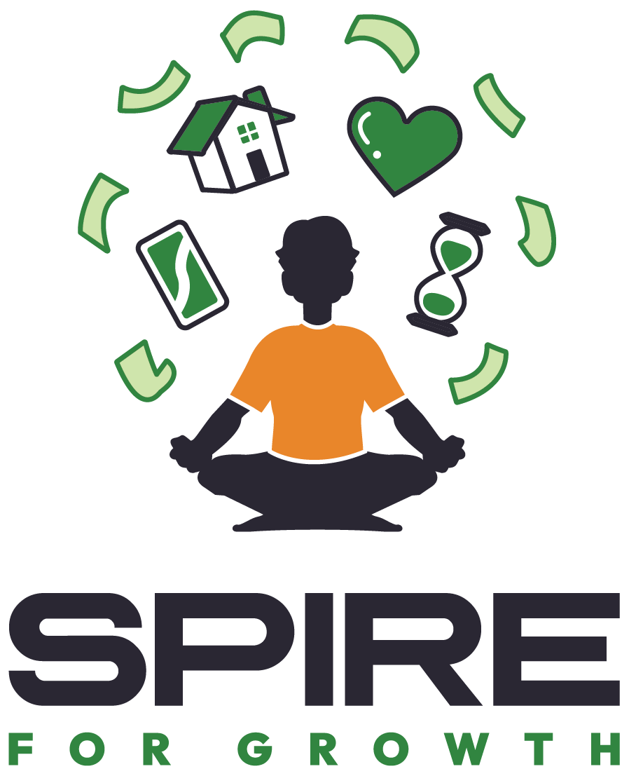 Spire For Growth logo: a meditating figure surrounded by a house, a heart, a phone, an hourglass and leaves